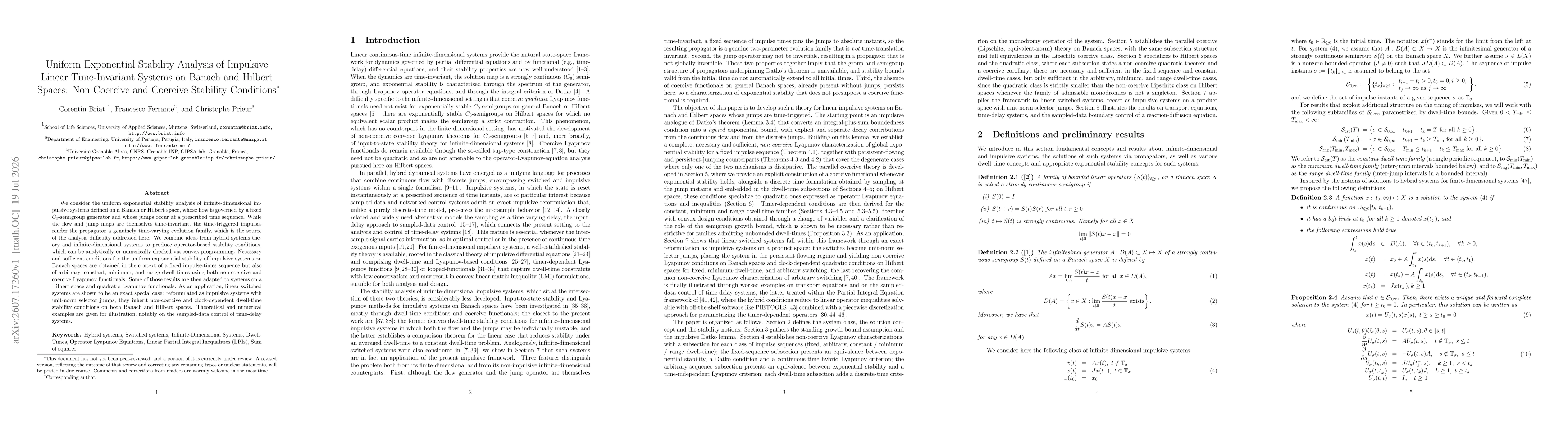 Thumbnail for Uniform Exponential Stability Analysis of Impulsive Linear Time-Invariant Systems on Banach and Hilbert Spaces: Non-Coercive and Coercive Stability Conditions