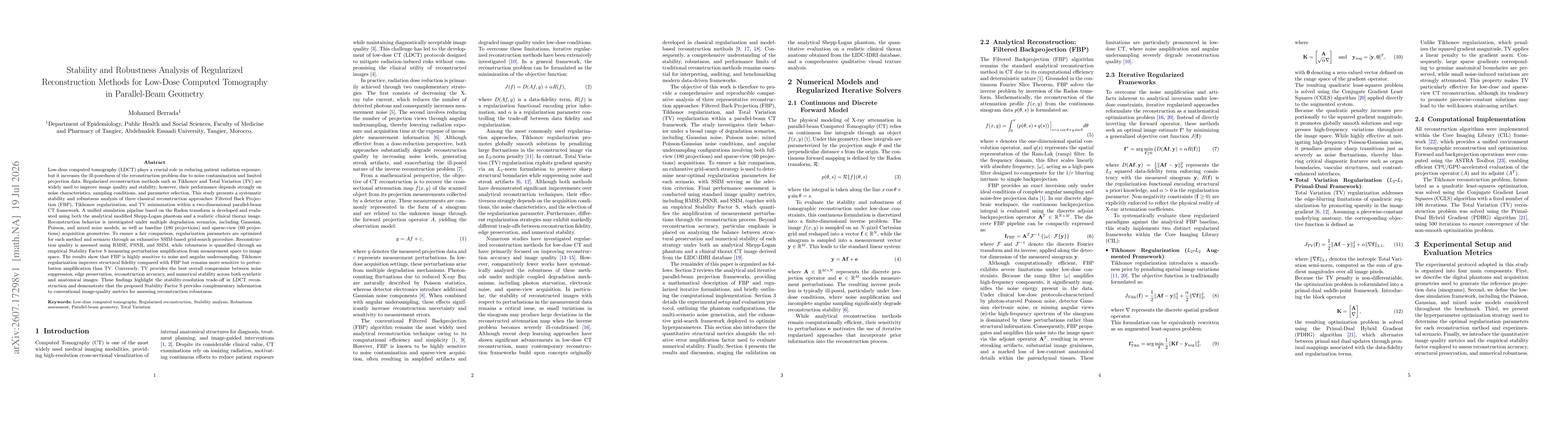Thumbnail for Stability and Robustness Analysis of Regularized Reconstruction Methods for Low-Dose Computed Tomography in Parallel-Beam Geometry