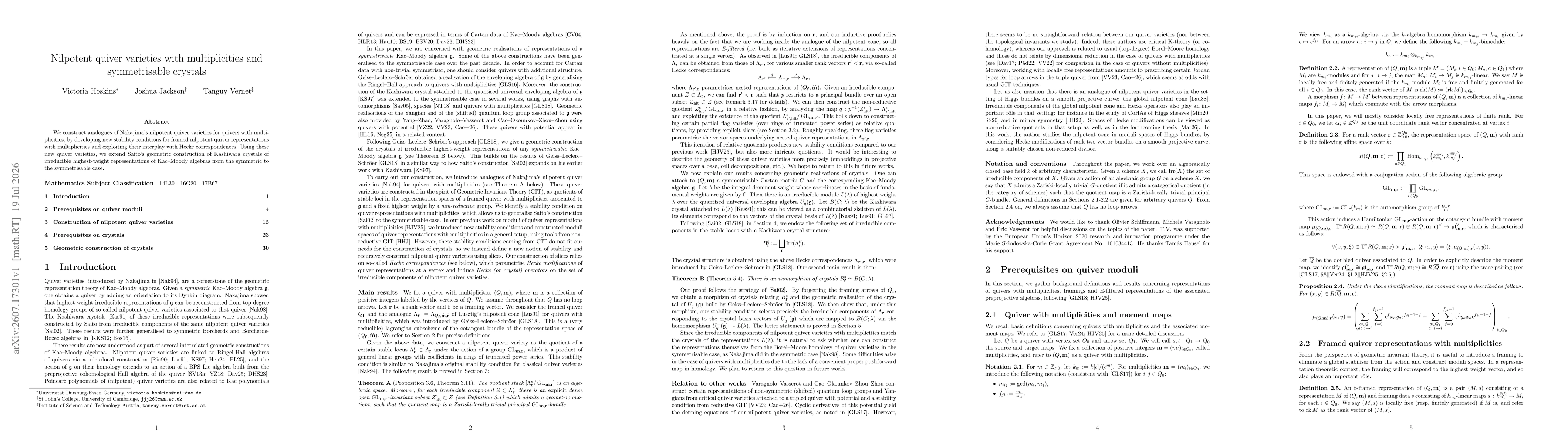 Thumbnail for Nilpotent quiver varieties with multiplicities and symmetrisable crystals