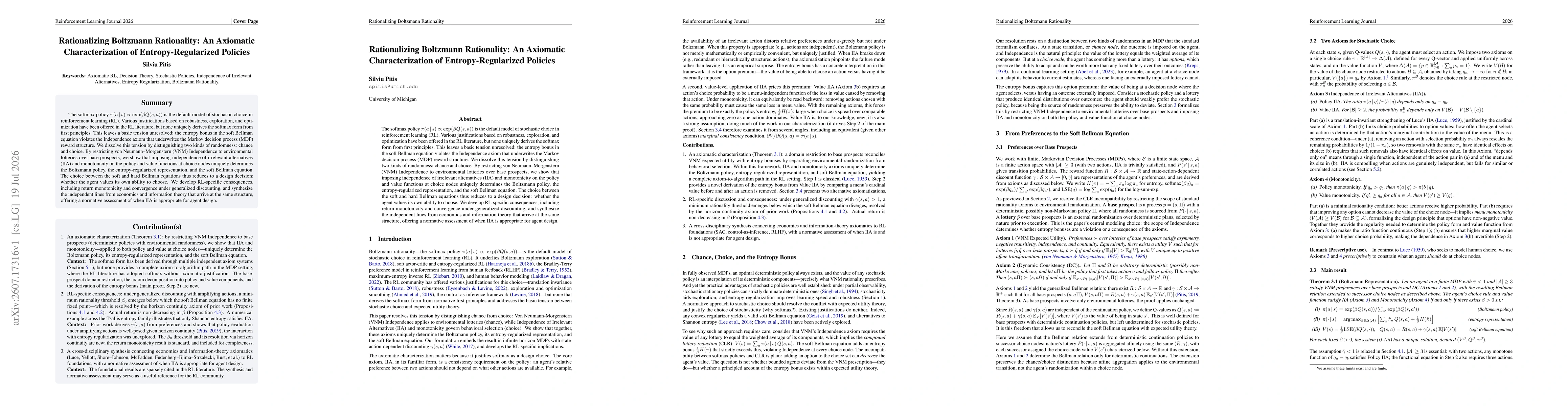 Thumbnail for Rationalizing Boltzmann Rationality: An Axiomatic Characterization of Entropy-Regularized Policies