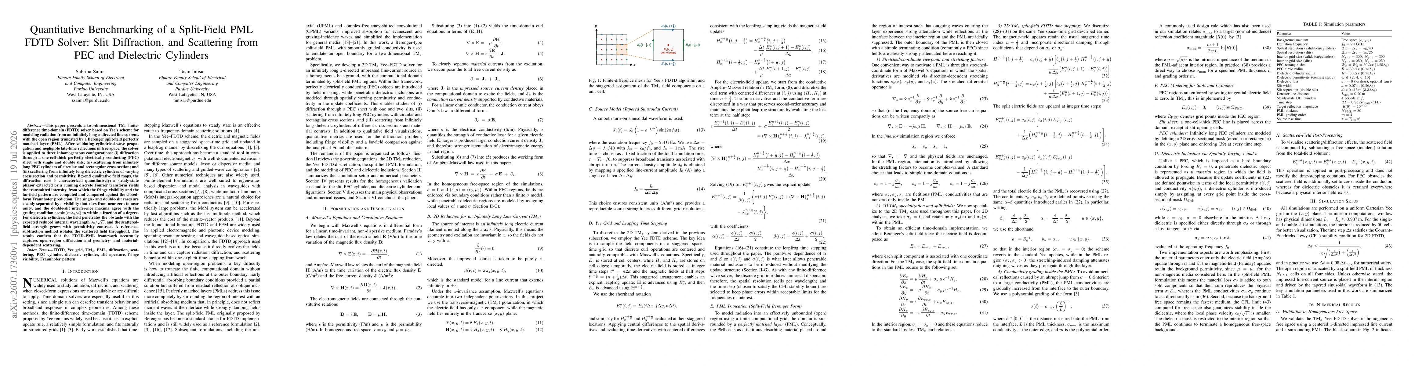Thumbnail for Quantitative Benchmarking of a Split-Field PML FDTD Solver: Slit Diffraction, and Scattering from PEC and Dielectric Cylinders