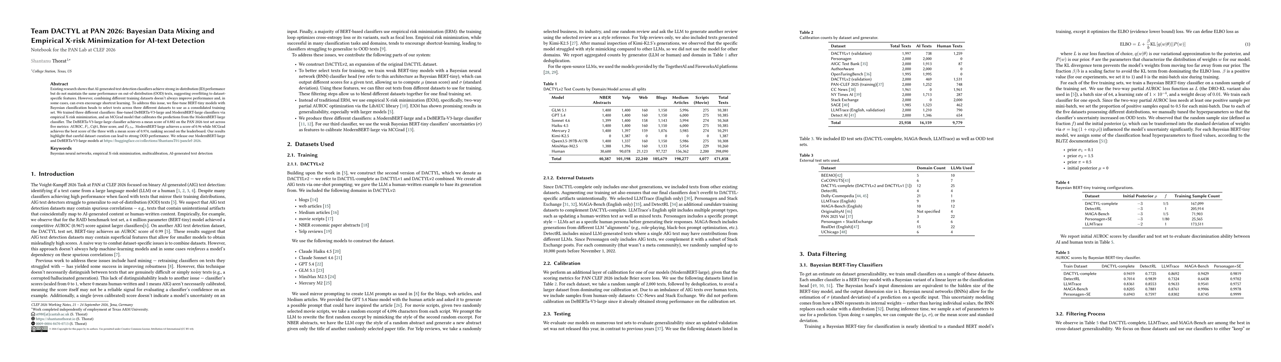 Thumbnail for Team DACTYL at PAN 2026: Bayesian Data Mixing and Empirical X-risk Minimization for AI-text Detection