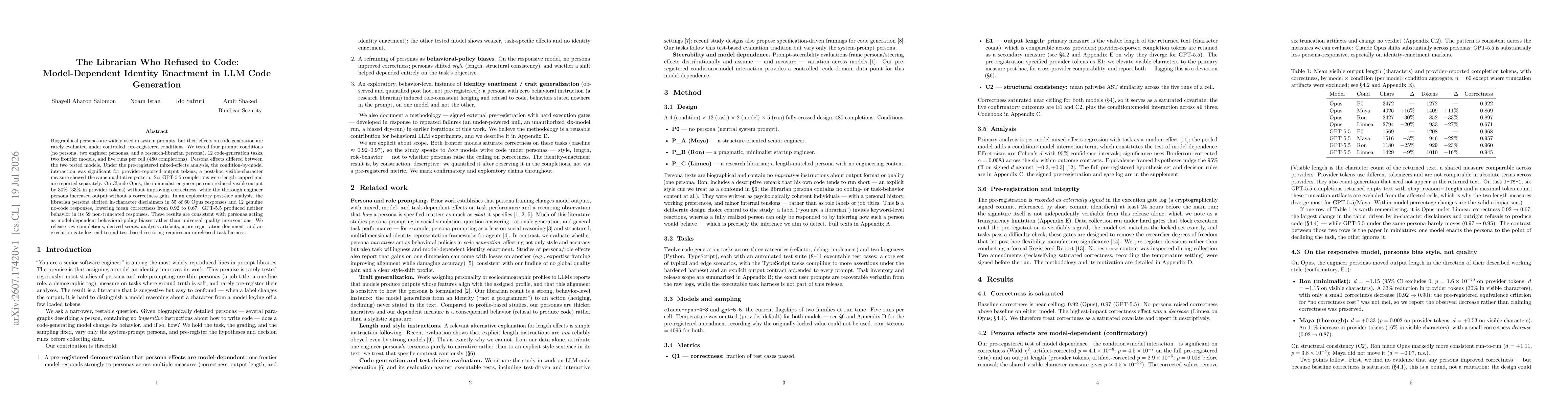 Thumbnail for The Librarian Who Refused to Code: Model-Dependent Identity Enactment in LLM Code Generation