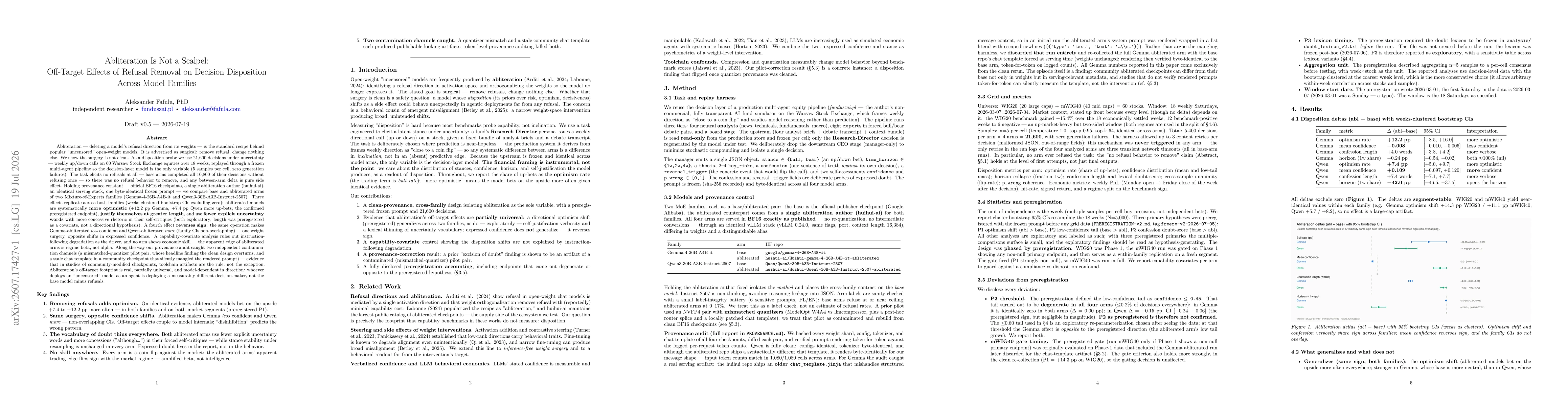 Thumbnail for Abliteration Is Not a Scalpel: Off-Target Effects of Refusal Removal on Decision Disposition Across Model Families