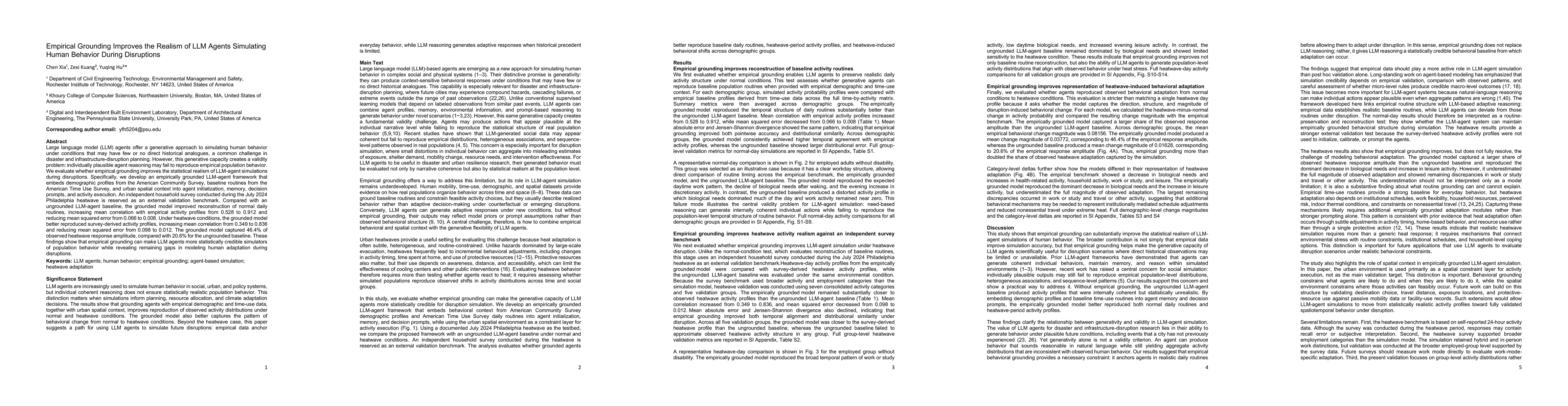 Thumbnail for Empirical Grounding Improves the Realism of LLM Agents Simulating Human Behavior During Disruptions