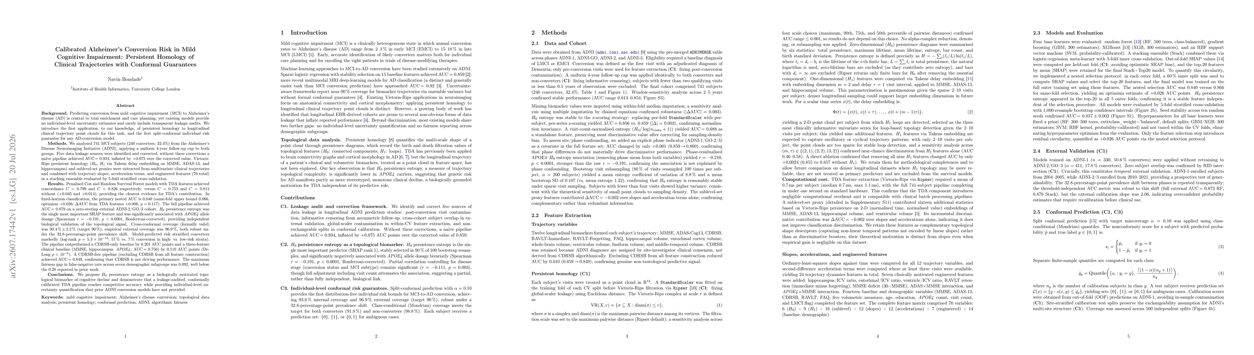 Thumbnail for Calibrated Alzheimer's Conversion Risk in Mild Cognitive Impairment: Persistent Homology of Clinical Trajectories with Conformal Guarantees