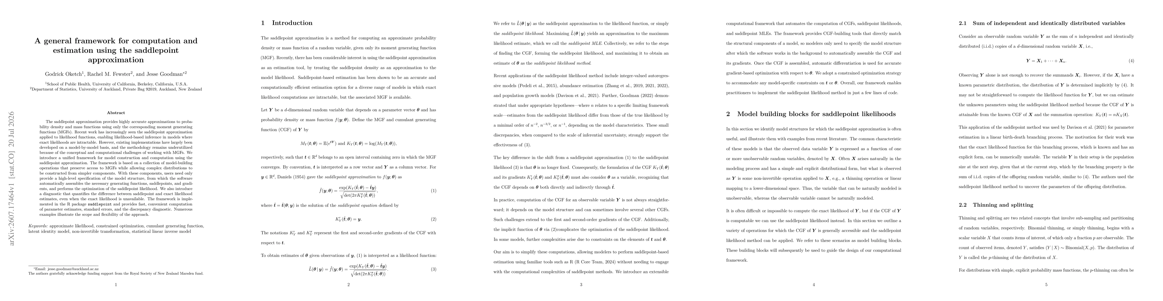 Thumbnail for A general framework for computation and estimation using the saddlepoint approximation