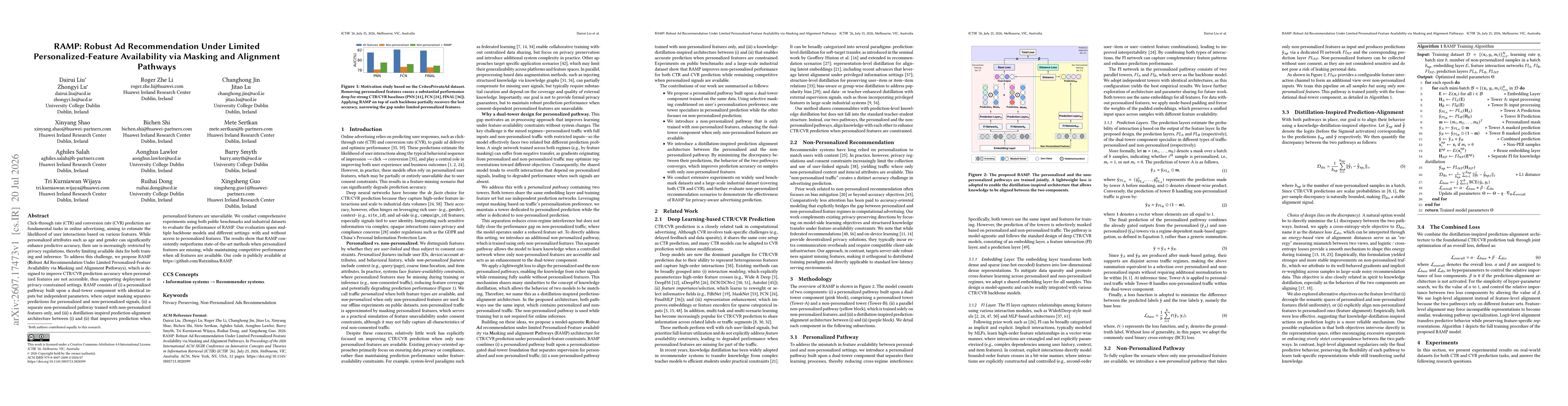 Thumbnail for RAMP: Robust Ad Recommendation Under Limited Personalized-Feature Availability via Masking and Alignment Pathways