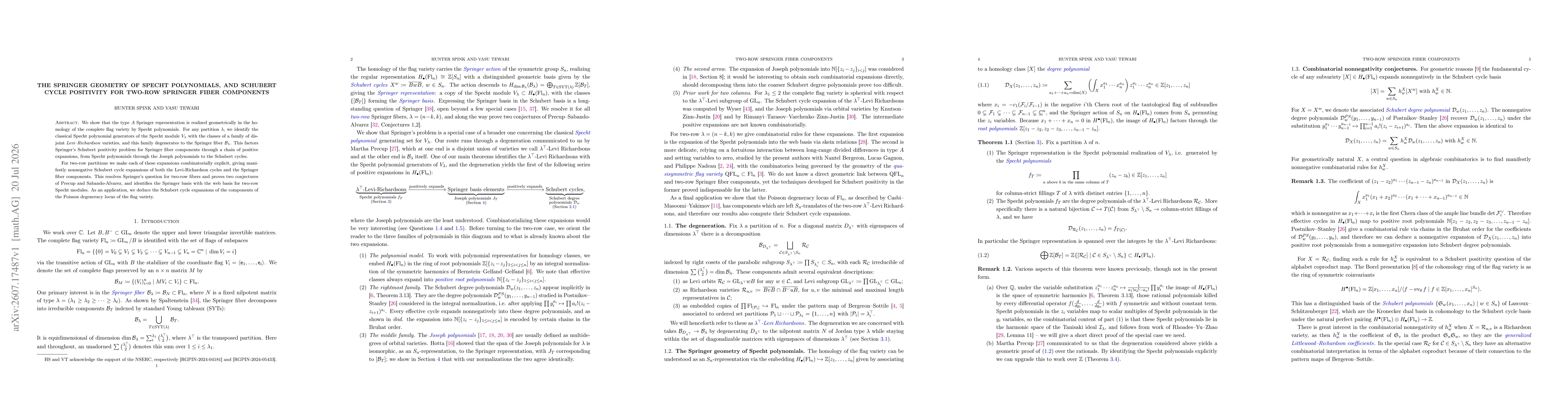 Thumbnail for The Springer Geometry of Specht Polynomials and Schubert cycle positivity for two row Springer fiber components