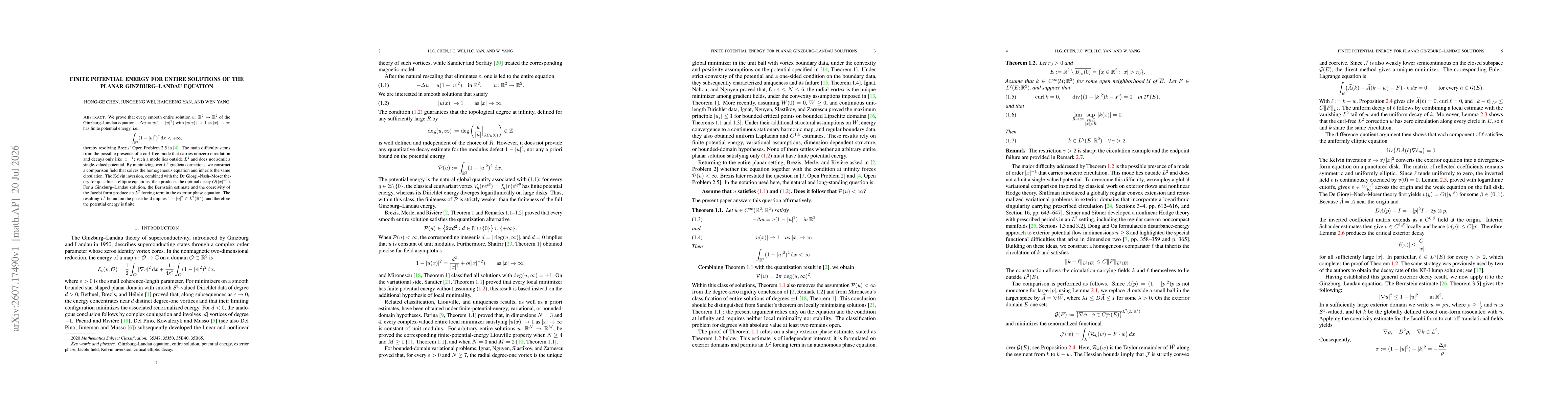 Thumbnail for Finite Potential Energy for Entire Solutions of the Planar Ginzburg--Landau Equation