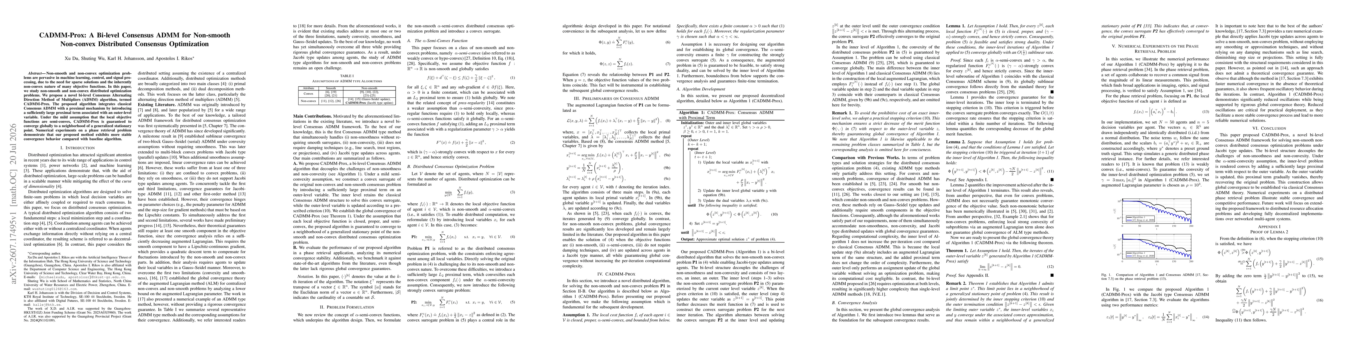 Thumbnail for CADMM-Prox: A Bi-level Consensus ADMM for Non-smooth Non-convex Distributed Consensus Optimization