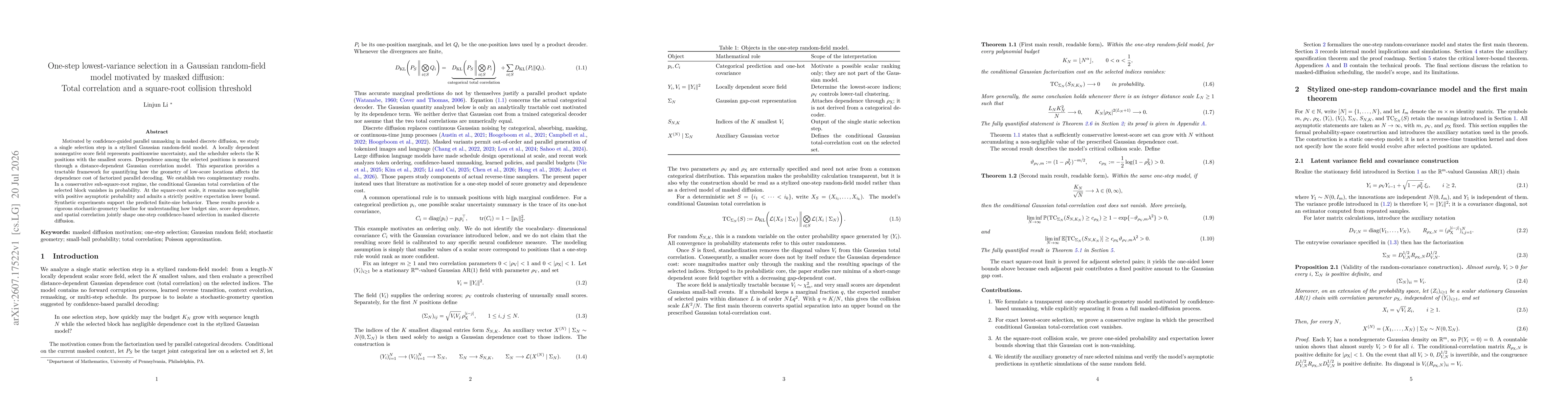Thumbnail for One-step lowest-variance selection in a Gaussian random-field model motivated by masked diffusion: Total correlation and a square root collision threshold