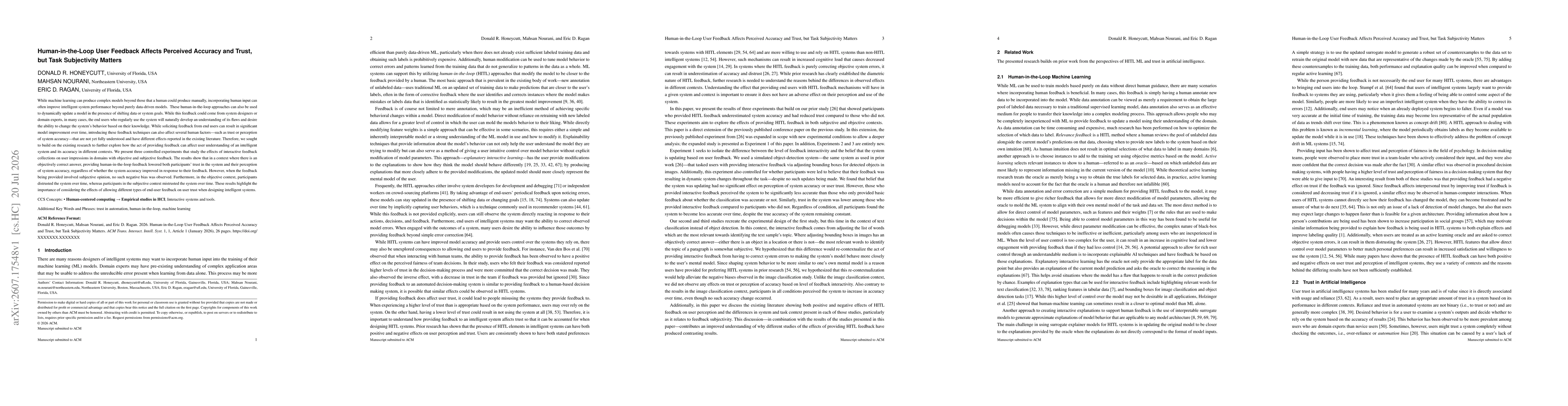 Thumbnail for Human-in-the-Loop User Feedback Affects Perceived Accuracy and Trust, but Task Subjectivity Matters