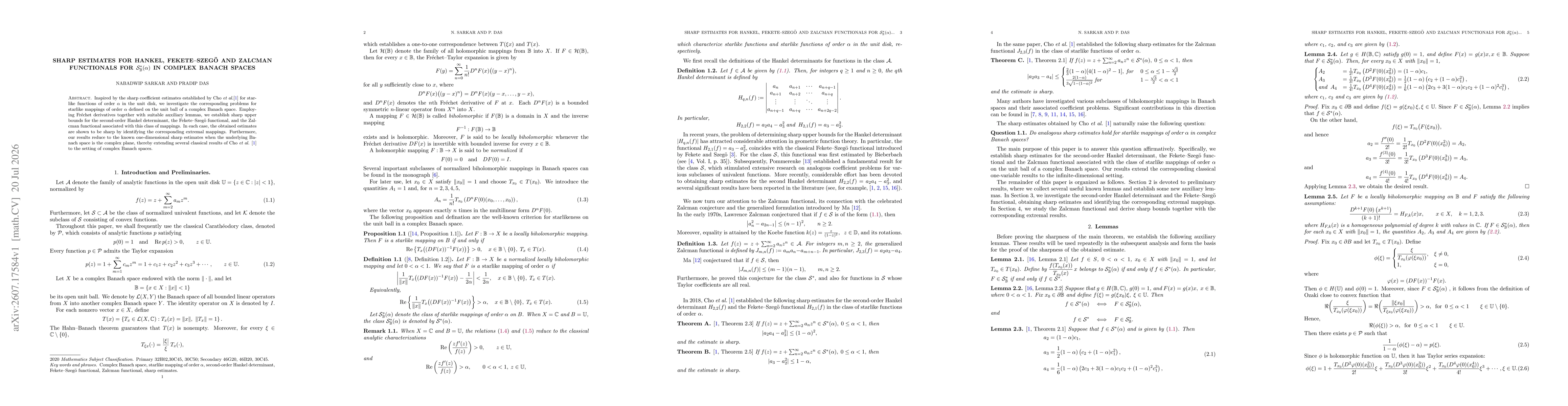 Thumbnail for Sharp Estimates for Hankel, Fekete-Szegö and Zalcman Functionals for $\mathcal{S}_\mathbb{B}^{*}(α)$ in Complex Banach Spaces