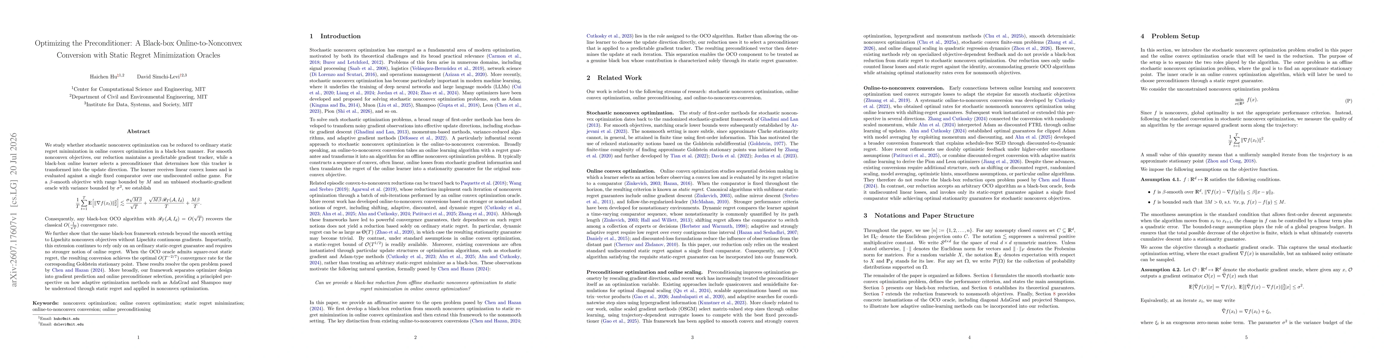 Thumbnail for Optimizing the Preconditioner: A Black-box Online-to-Nonconvex Conversion with Static Regret Minimization Oracles