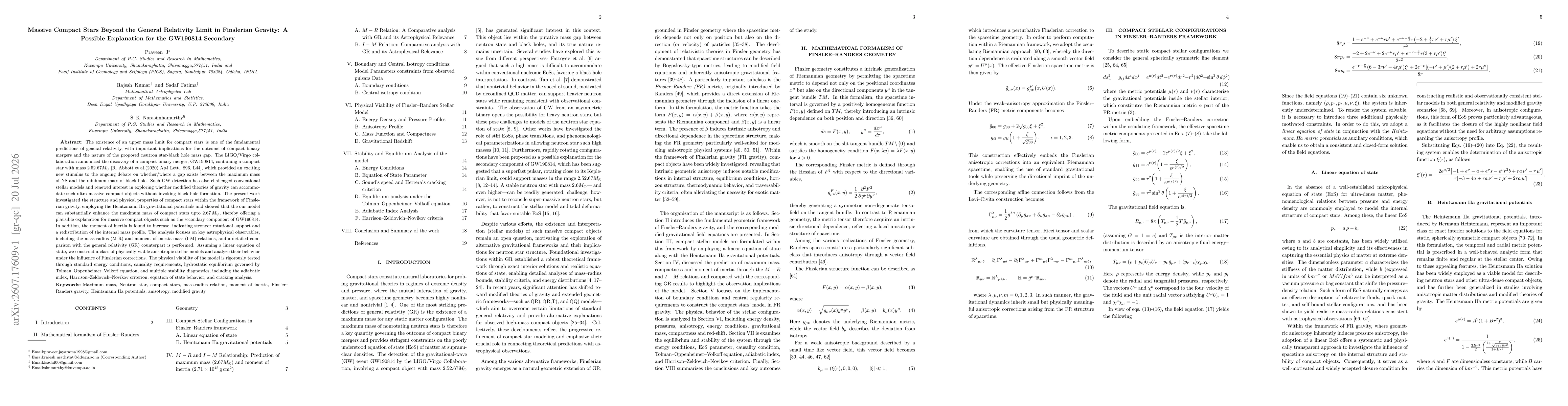 Thumbnail for Massive Compact Stars Beyond the General Relativity Limit in Finslerian Gravity: A Possible Explanation for the GW190814 Secondary