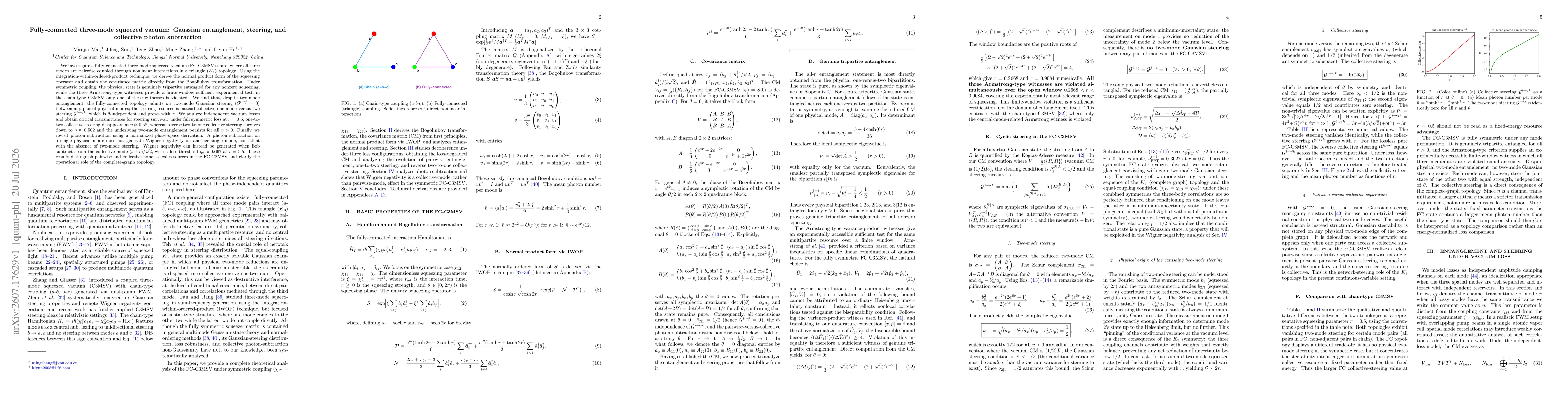 Thumbnail for Fully-connected three-mode squeezed vacuum: Gaussian entanglement, steering, and collective photon subtraction
