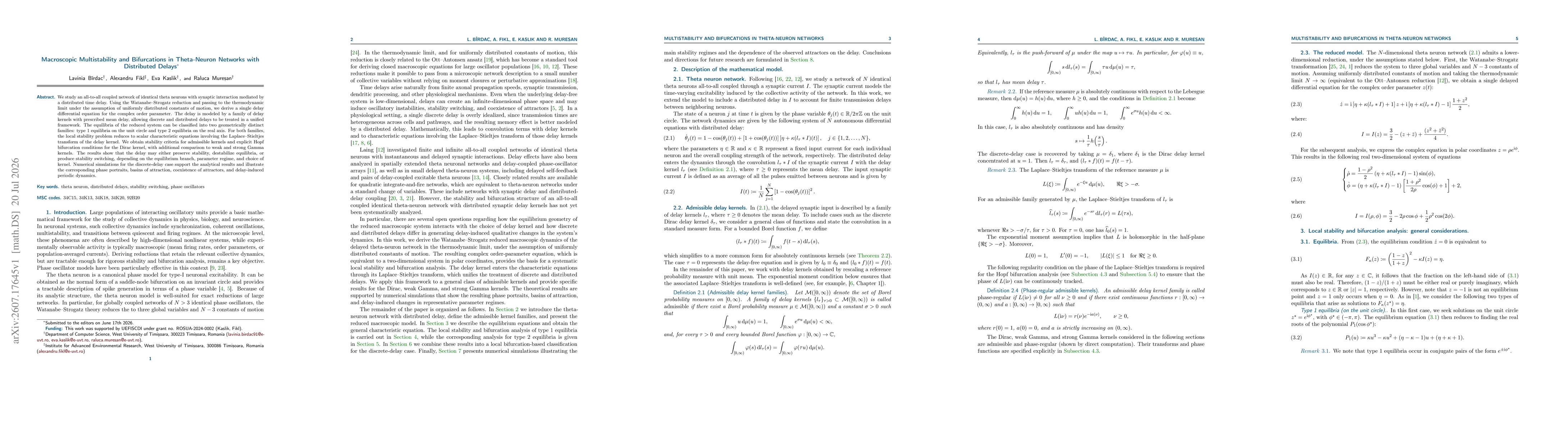 Thumbnail for Macroscopic Multistability and Bifurcations in Theta-Neuron Networks with Distributed Delays