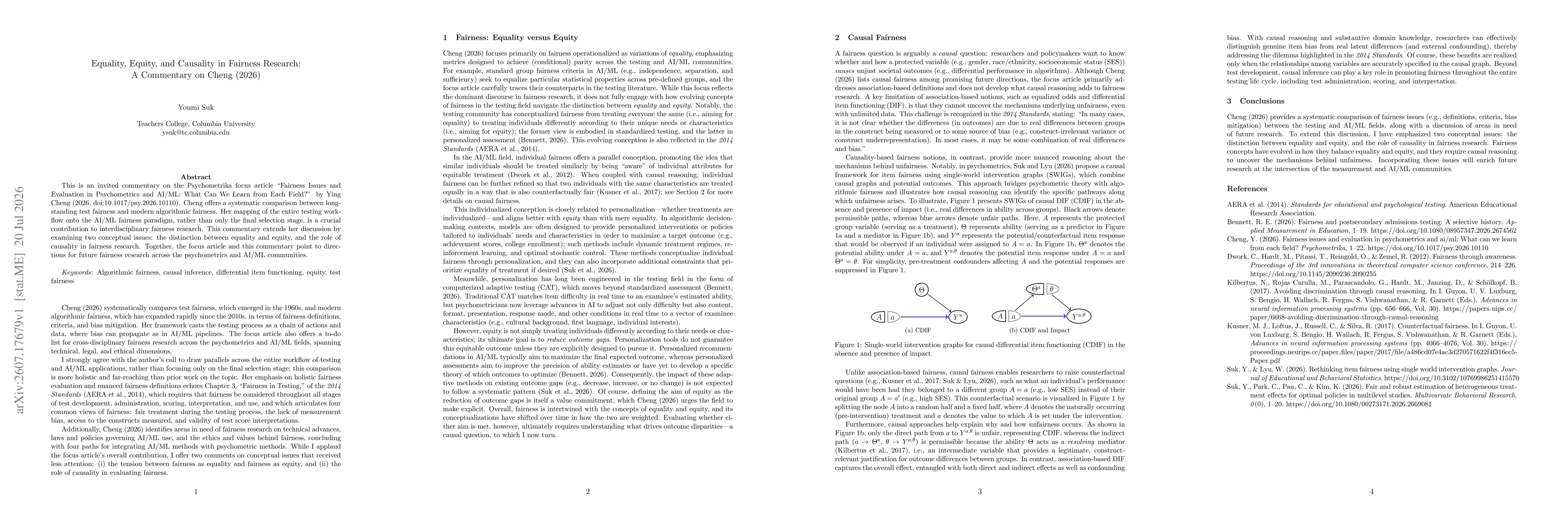 Thumbnail for Equality, Equity, and Causality in Fairness Research: A Commentary on Cheng (2026)
