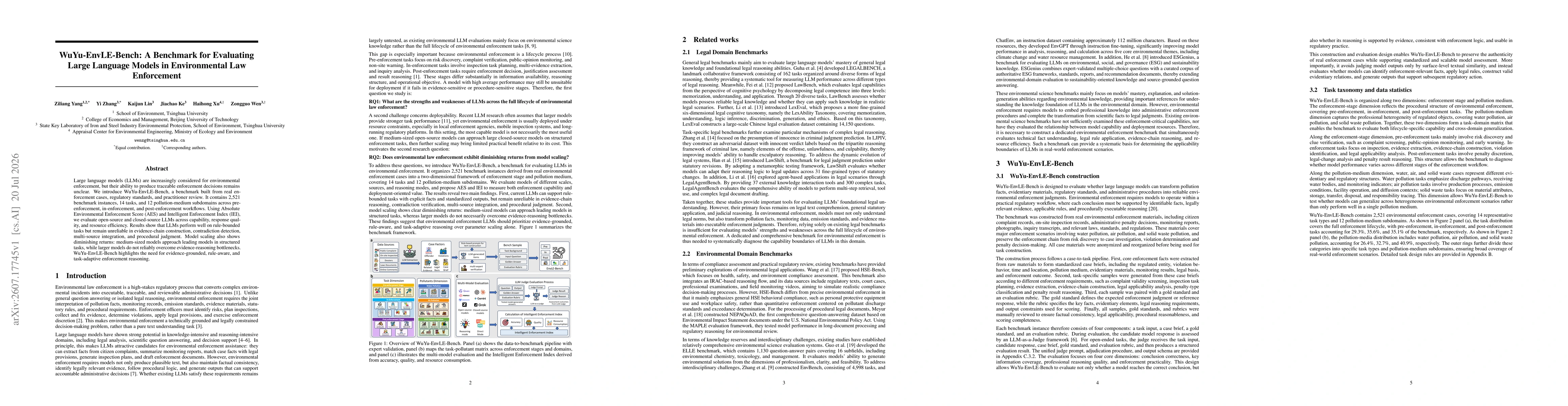 Thumbnail for WuYu-EnvLE-Bench: A Benchmark for Evaluating Large Language Models in Environmental Law Enforcement