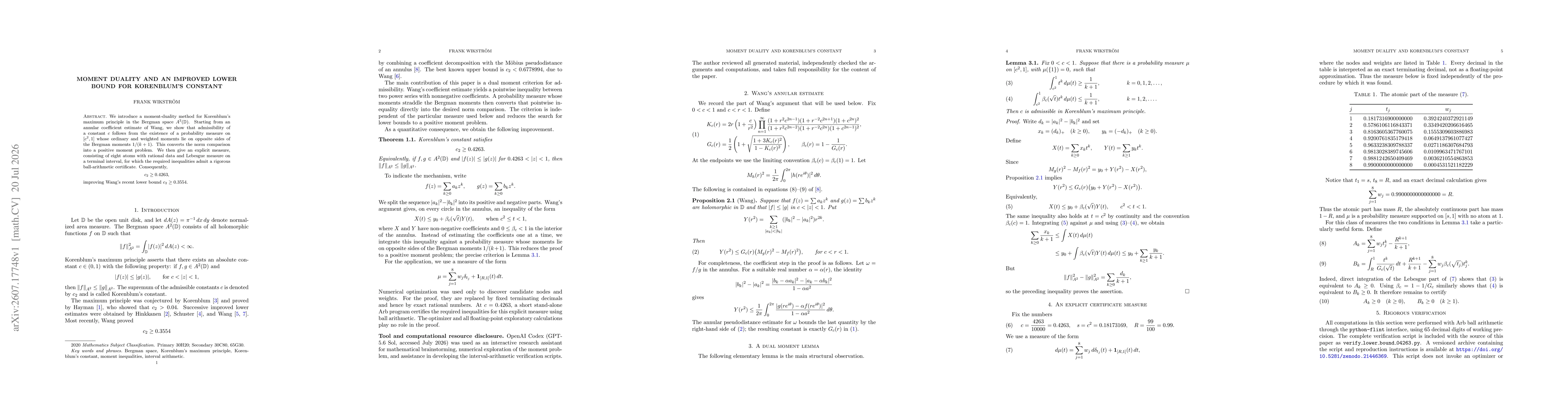 Thumbnail for Moment duality and an improved lower bound for Korenblum's constant