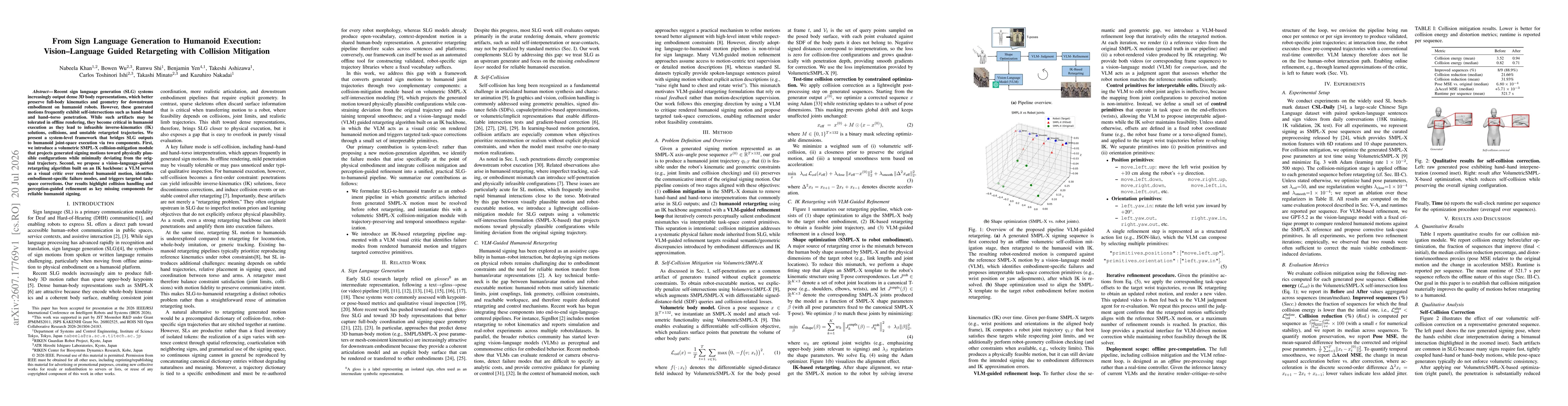 Thumbnail for From Sign Language Generation to Humanoid Execution: Vision-Language Guided Retargeting with Collision Mitigation