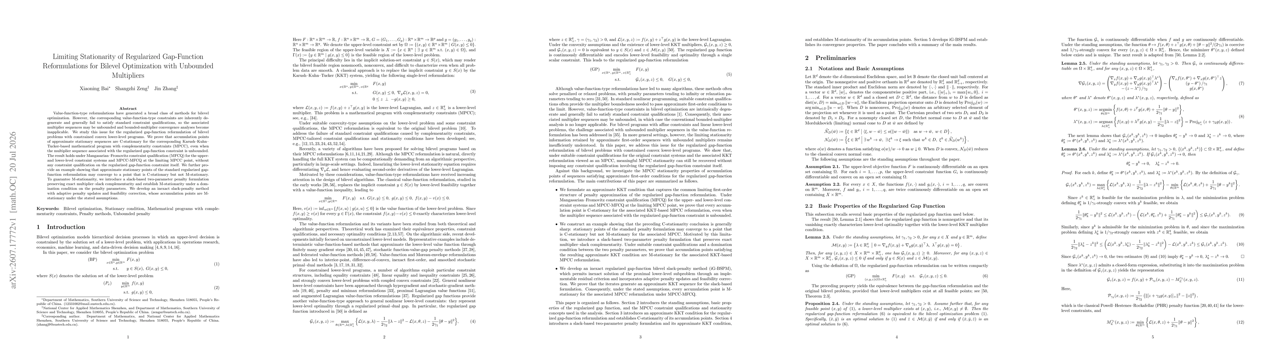 Thumbnail for Limiting Stationarity of Regularized Gap-Function Reformulations for Bilevel Optimization with Unbounded Multipliers