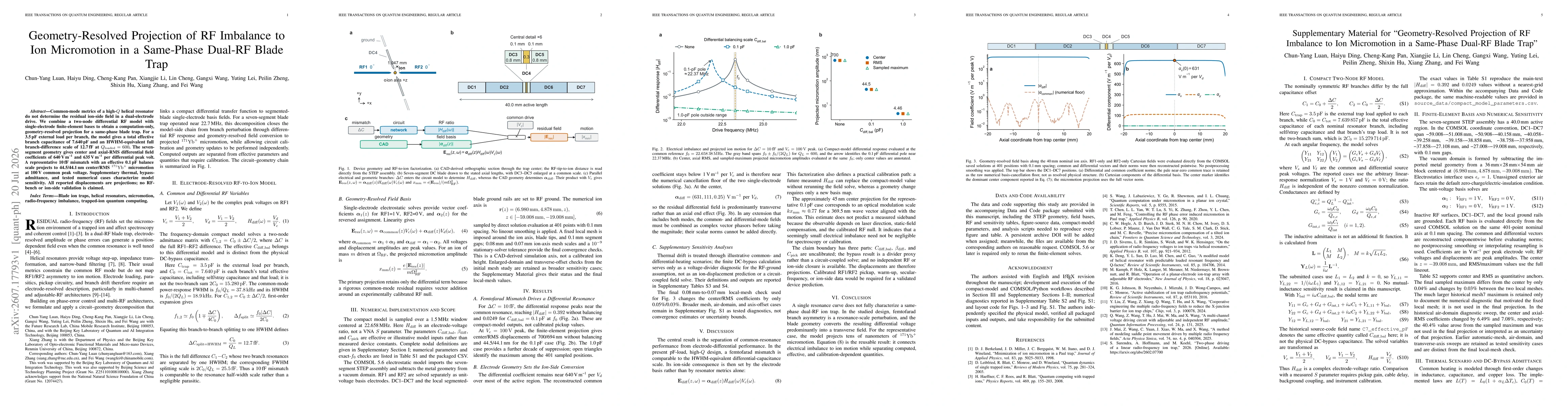Thumbnail for Geometry-Resolved Projection of RF Imbalance to Ion Micromotion in a Same-Phase Dual-RF Blade Trap
