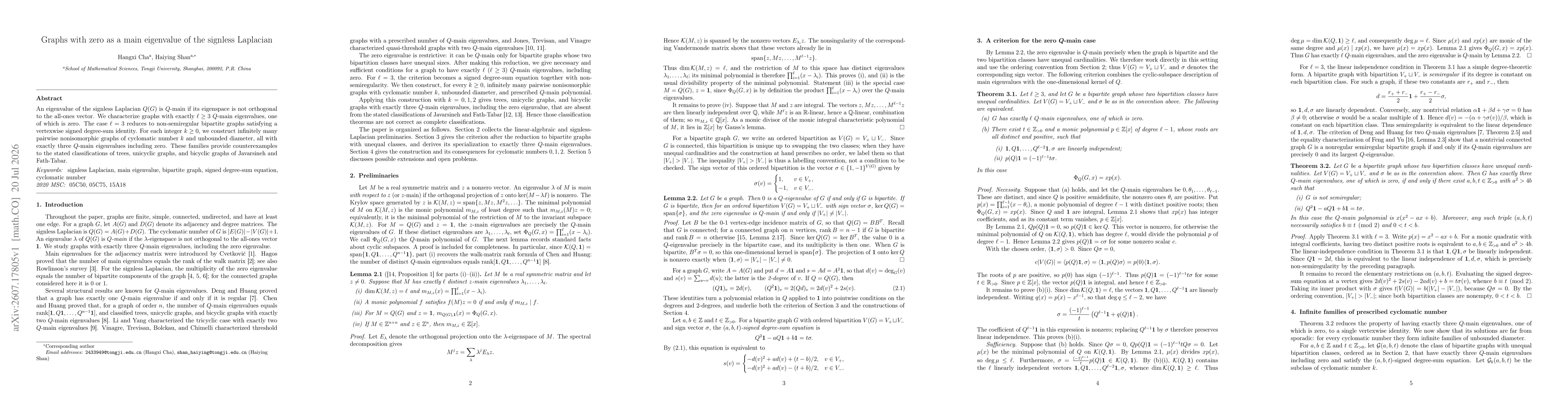 Thumbnail for Graphs with zero as a main eigenvalue of the signless Laplacian