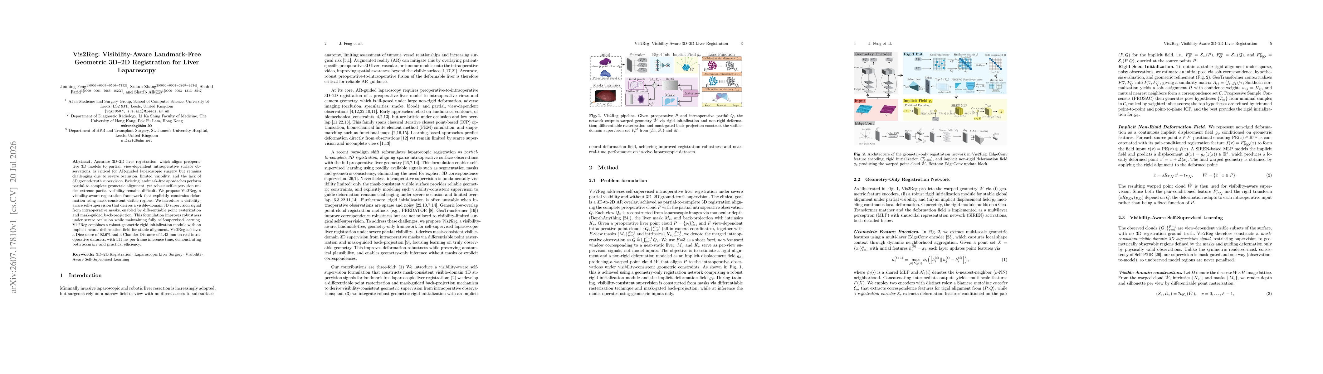 Thumbnail for Vis2Reg: Visibility-Aware Landmark-Free Geometric 3D--2D Registration for Liver Laparoscopy