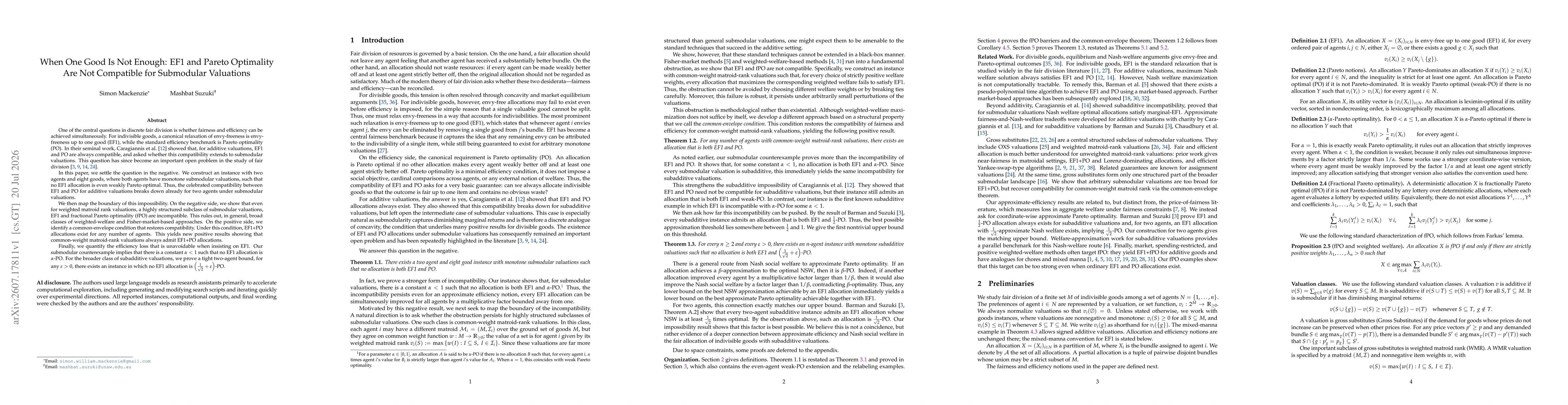 Thumbnail for When One Good Is Not Enough: EF1 and Pareto Optimality Are Not Compatible for Submodular Valuations