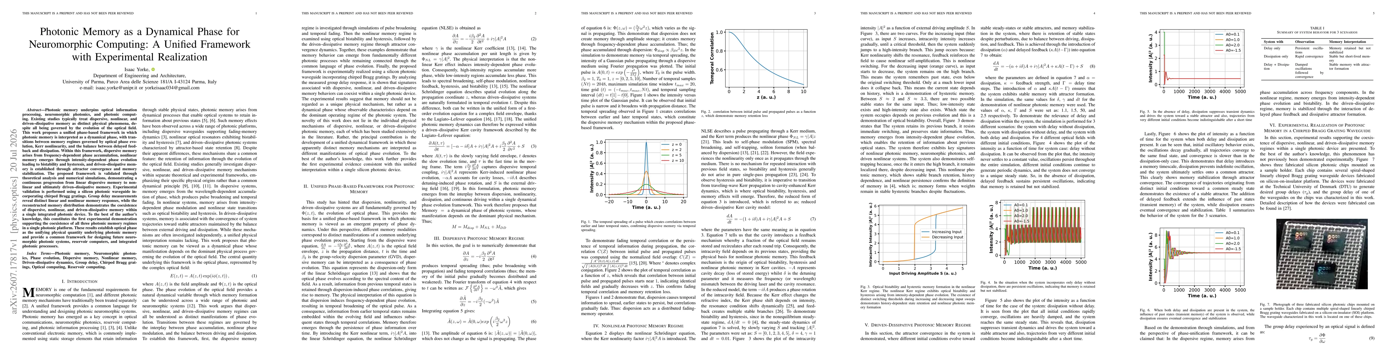 Thumbnail for Photonic Memory as a Dynamical Phase for Neuromorphic Computing: A Unified Framework with Experimental Realization