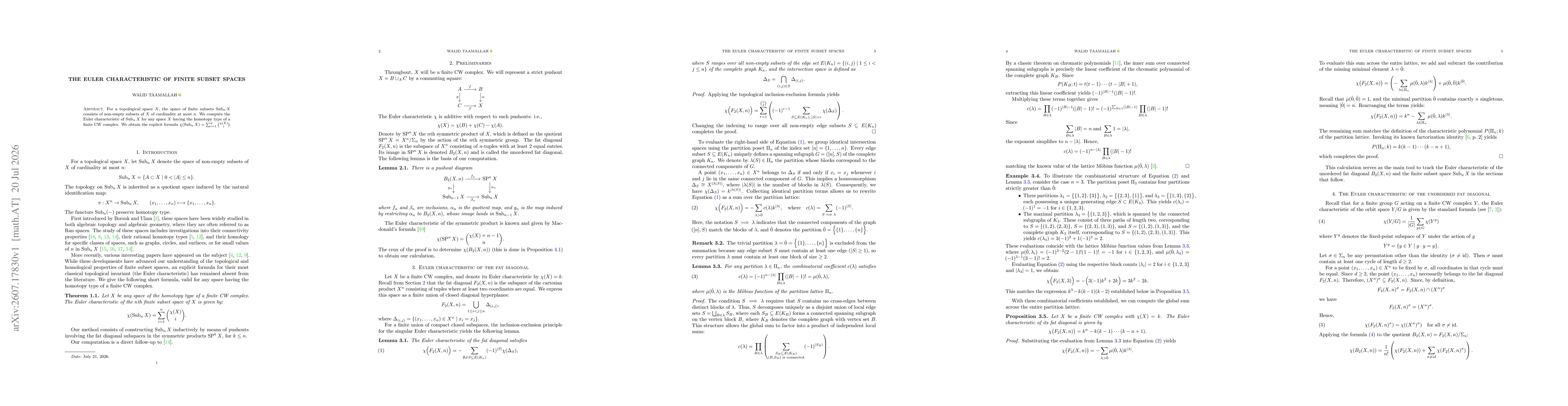 Thumbnail for The Euler Characteristic of Finite Subset Spaces
