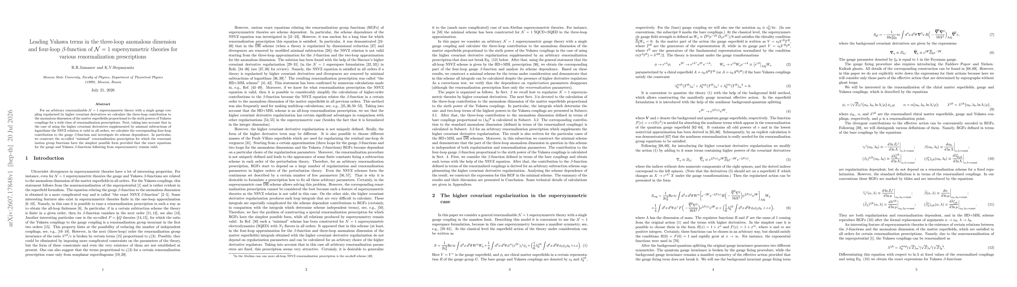 Thumbnail for Leading Yukawa terms in the three-loop anomalous dimension and four-loop $β$-function of ${\cal N}=1$ supersymmetric theories for various renormalization prescriptions