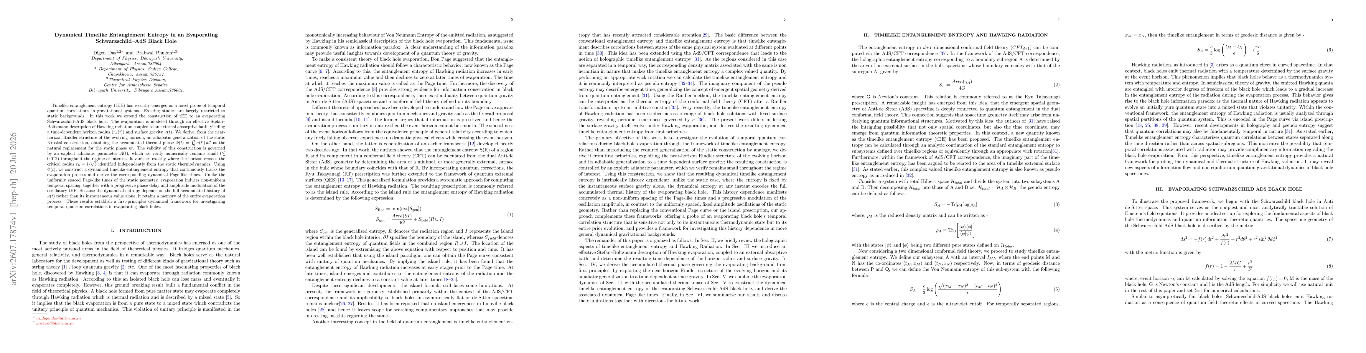 Thumbnail for Dynamical Timelike Entanglement Entropy in an Evaporating Schwarzschild--AdS Black Hole