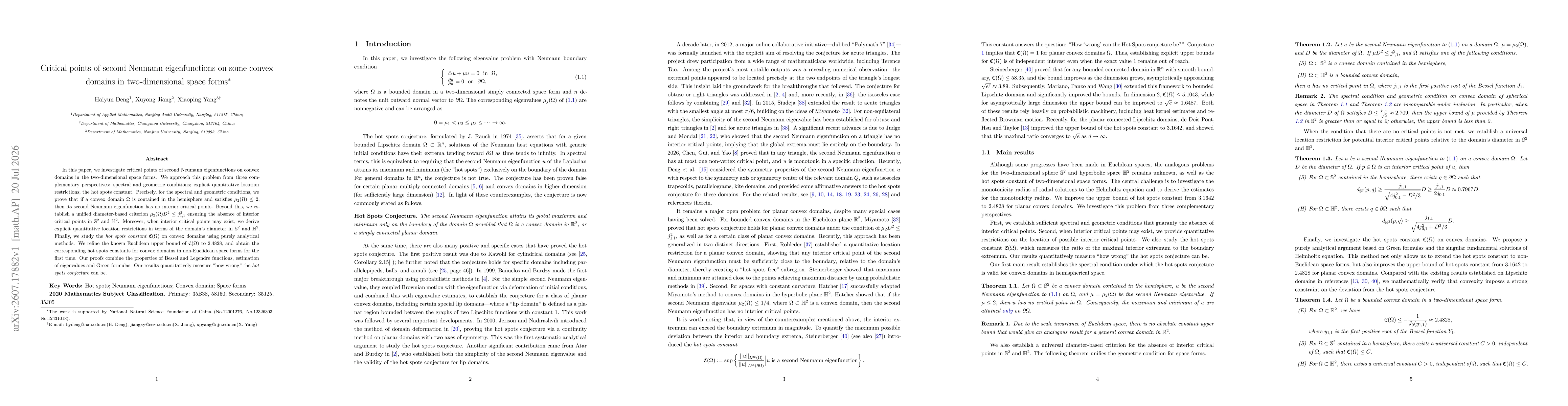 Thumbnail for Critical points of second Neumann eigenfunctions on some convex domains in two-dimensional space forms