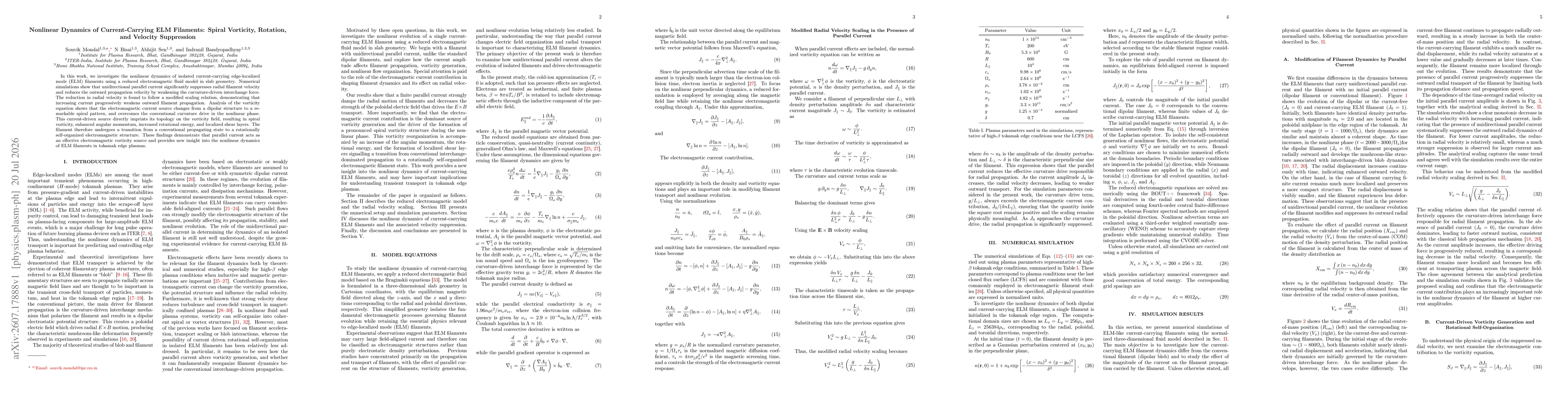 Thumbnail for Nonlinear Dynamics of Current-Carrying ELM Filaments: Spiral Vorticity, Rotation, and Velocity Suppression