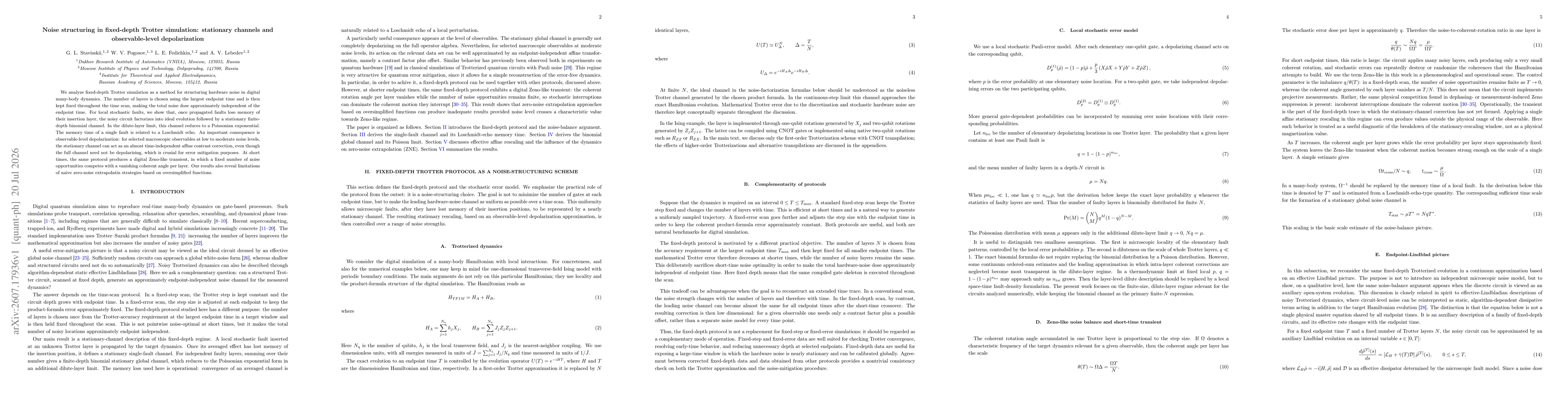 Thumbnail for Noise structuring in fixed-depth Trotter simulation: stationary channels and observable-level depolarization
