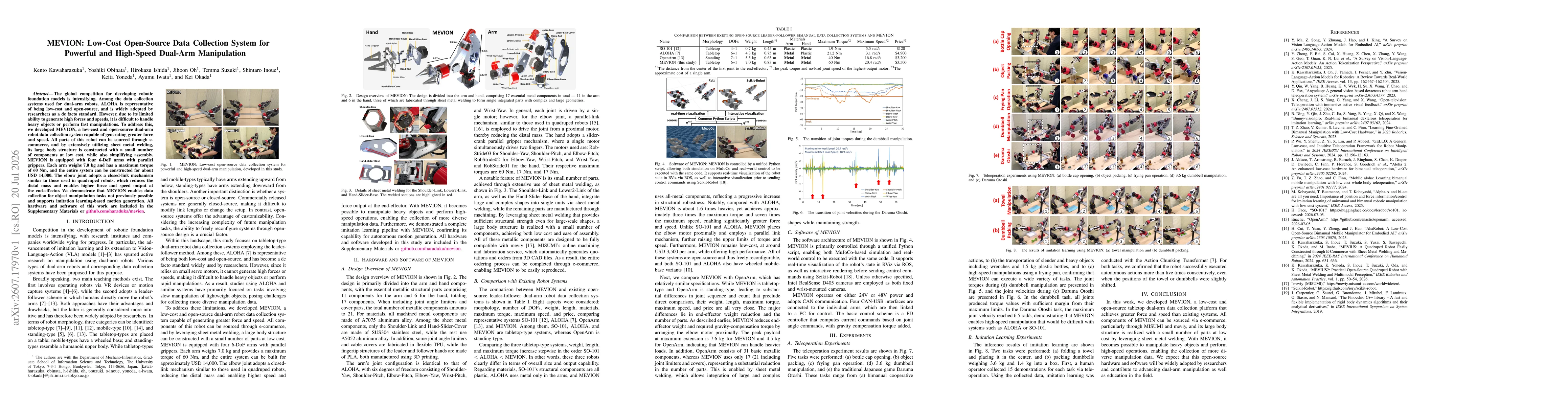 Thumbnail for MEVION: Low-Cost Open-Source Data Collection System for Powerful and High-Speed Dual-Arm Manipulation