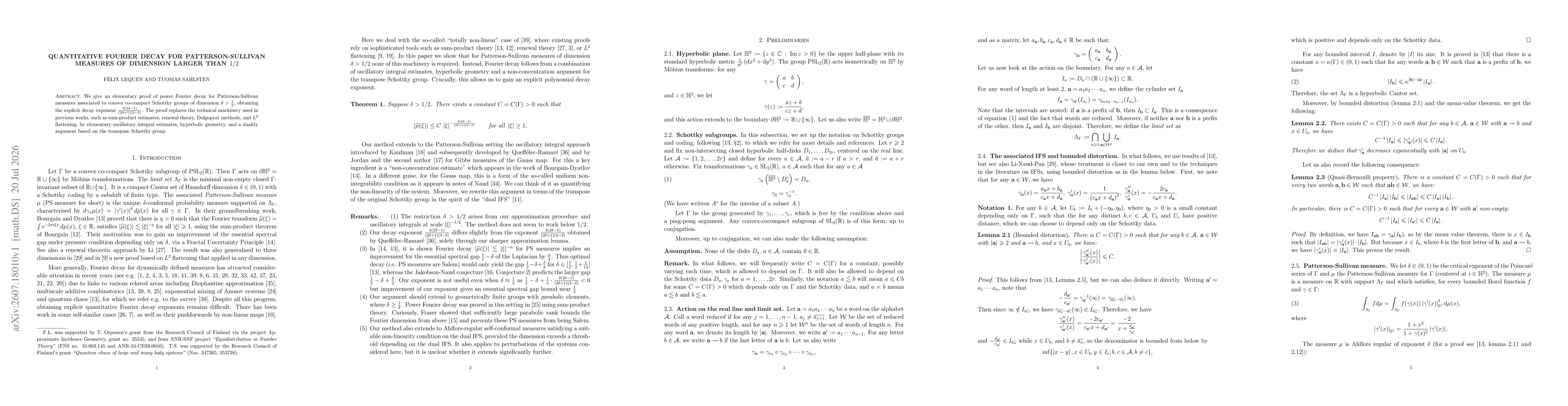 Thumbnail for Quantitative Fourier decay for Patterson-Sullivan measures of dimension larger than $1/2$