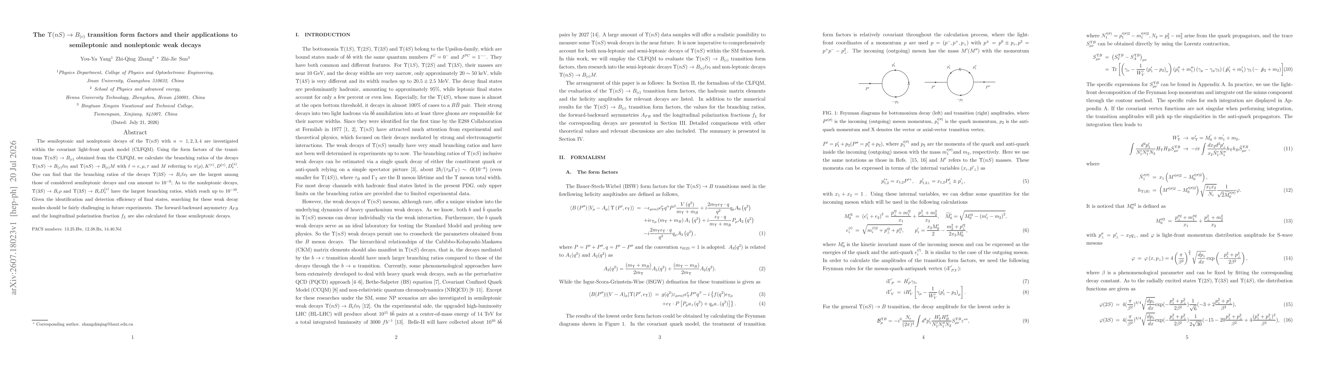 Thumbnail for The $Υ(nS) \to B_{(c)}$ transition form factors and their applications to semileptonic and nonleptonic weak decays