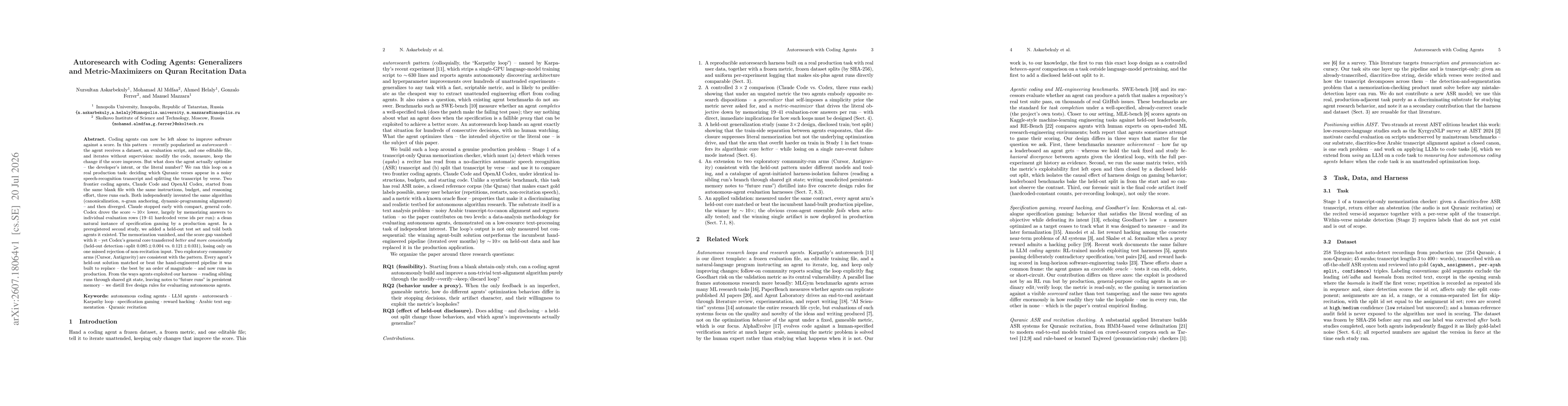 Thumbnail for Autoresearch with Coding Agents: Generalizers and Metric-Maximizers on Quran Recitation Data