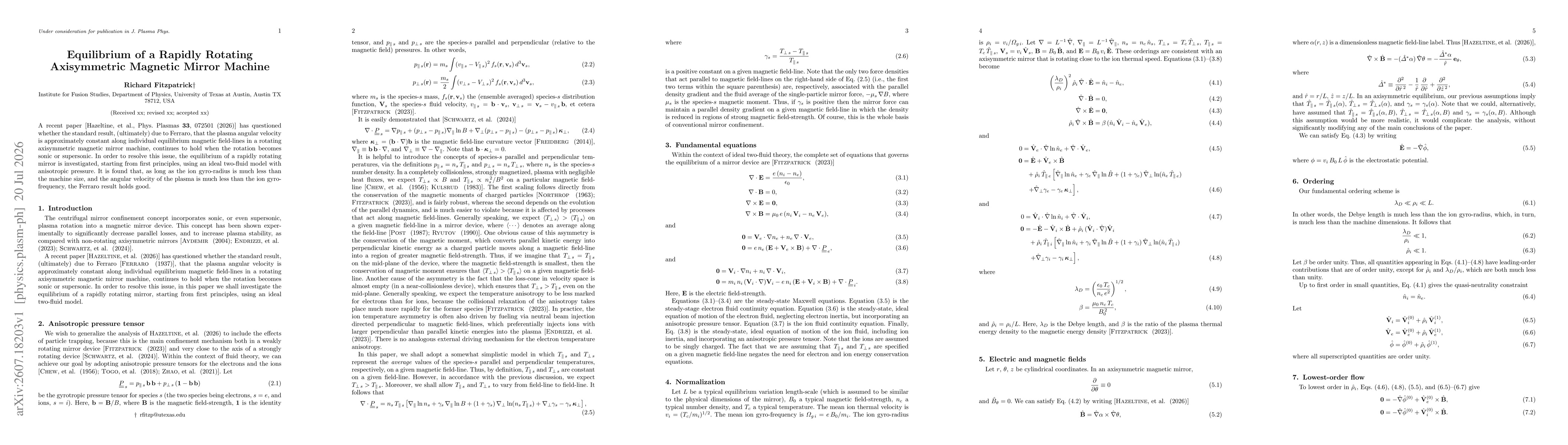 Thumbnail for Equilibrium of a Rapidly Rotating Axisymmetric Magnetic Mirror Machine