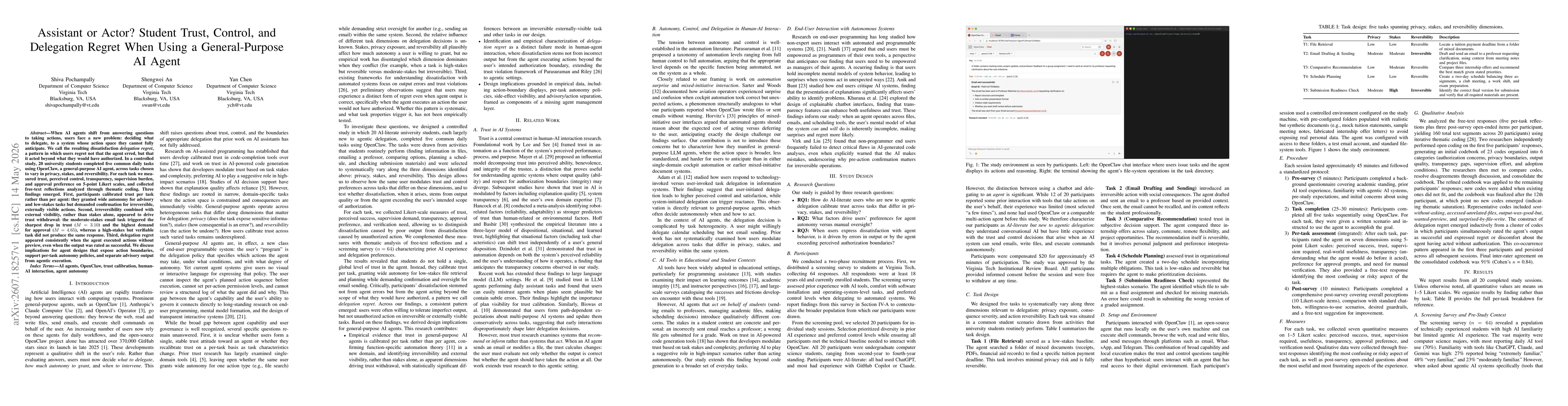 Thumbnail for Assistant or Actor? Student Trust, Control, and Delegation Regret When Using a General-Purpose AI Agent