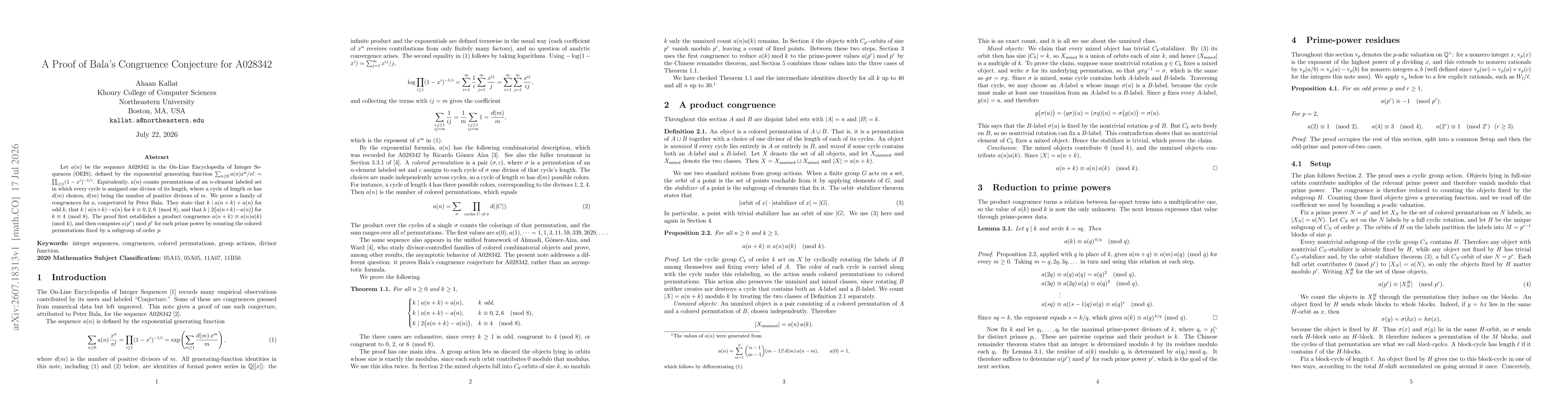 Thumbnail for A Proof of Bala's Congruence Conjecture for A028342