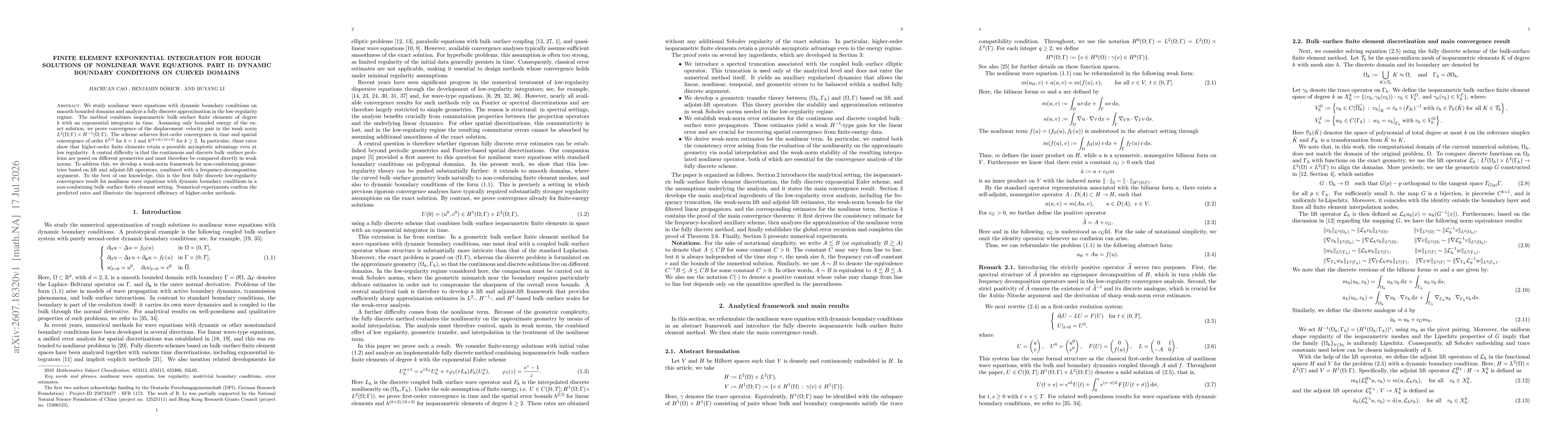 Thumbnail for Finite element exponential integration for rough solutions of nonlinear wave equations. Part II: Dynamic boundary conditions on curved domains