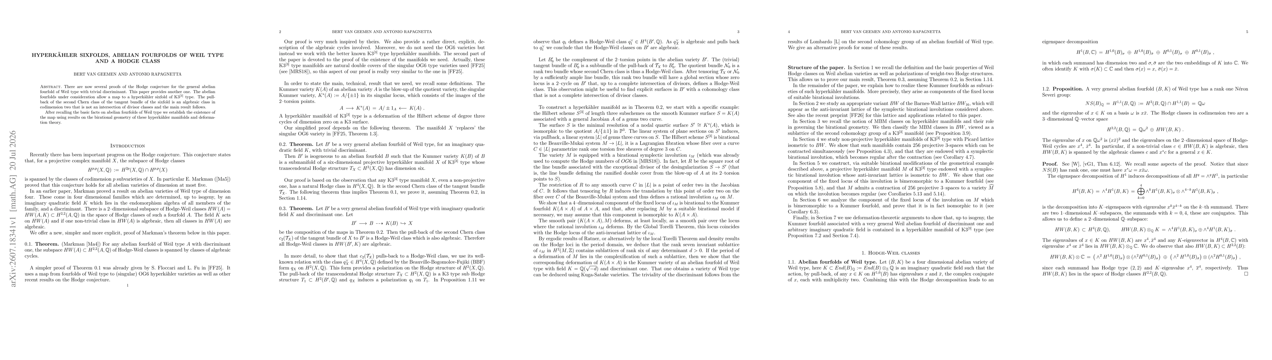Thumbnail for Hyperkähler sixfolds, abelian fourfolds of Weil type and a Hodge class