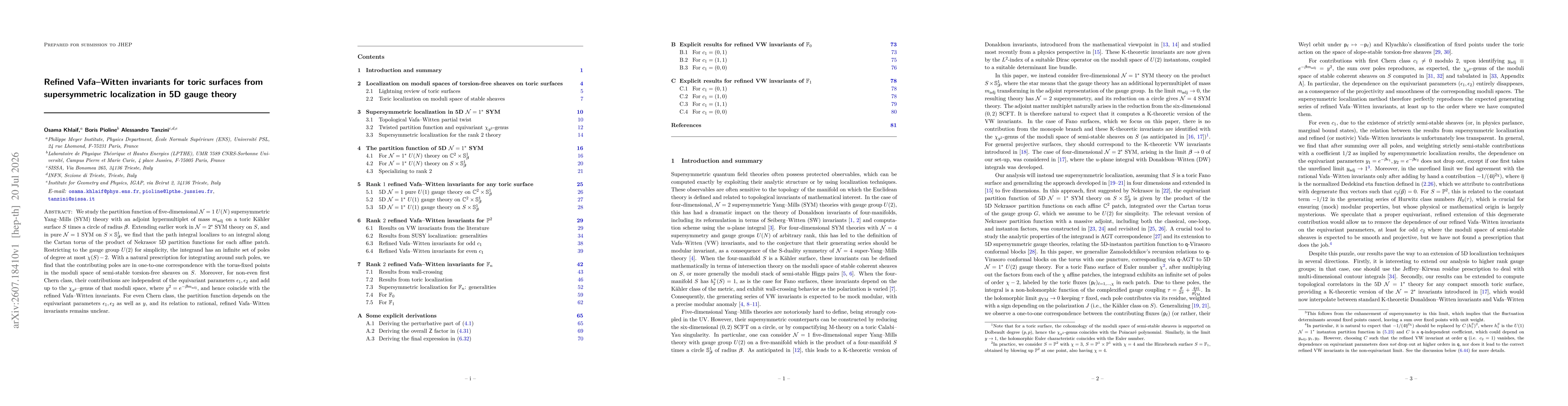 Thumbnail for Refined Vafa-Witten invariants for toric surfaces from supersymmetric localization in 5D gauge theory