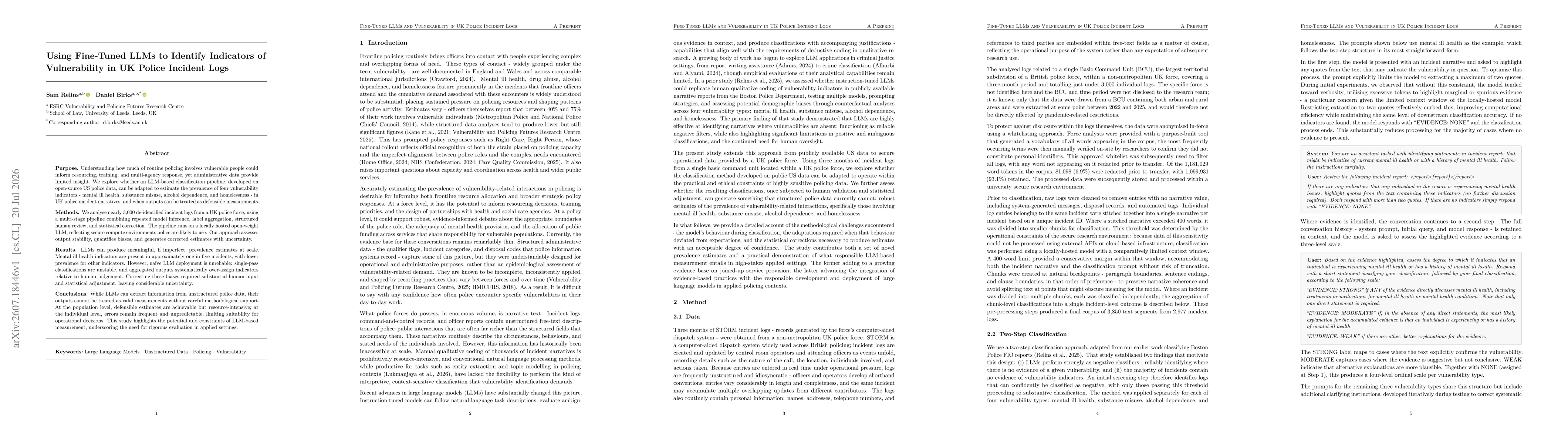 Thumbnail for Using Fine-Tuned LLMs to Identify Indicators of Vulnerability in UK Police Incident Logs