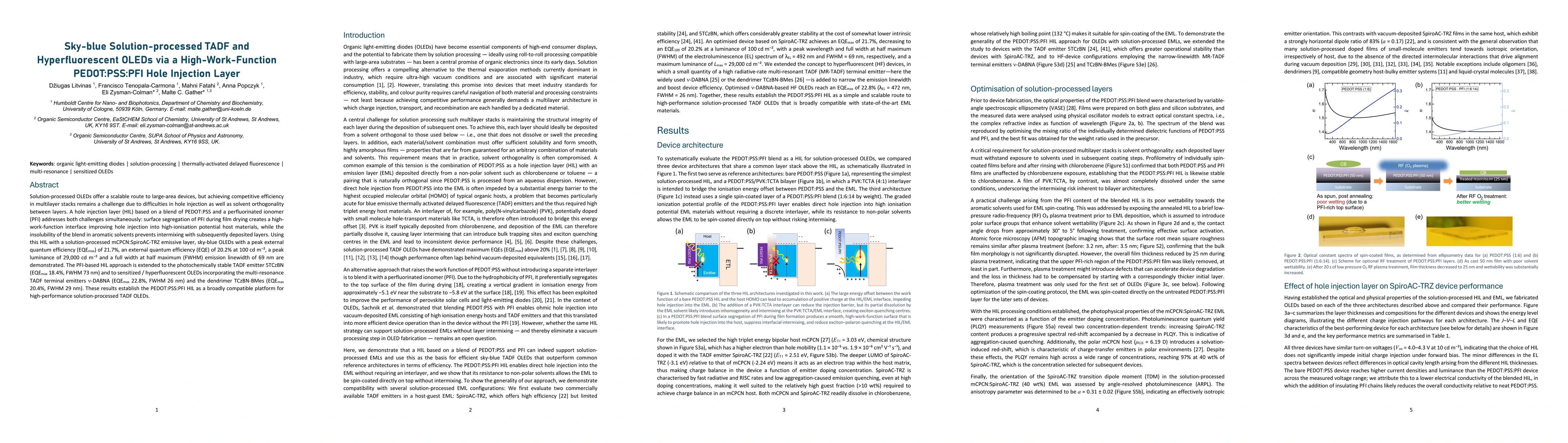 Thumbnail for Sky-blue Solution-processed TADF and Hyperfluorescent OLEDs via a High-Work-Function PEDOT:PSS:PFI Hole Injection Layer